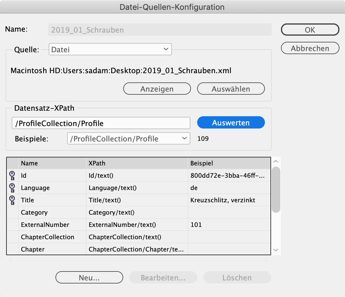 Einstellungen des XML Data Providers in EasyCatalog